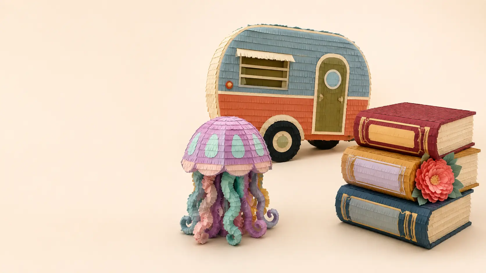 Custom piñata concepts shaped like a camper, jellyfish, and stack of books.